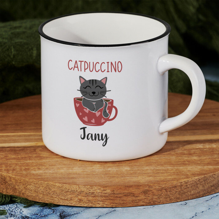 Catpuccino - Keramický hrnek s černým okrajem