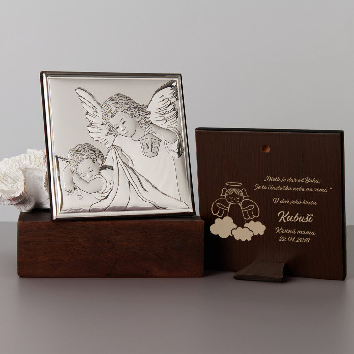 Dziecko to dar od Boga - Aniołek z latarenką - Srebrny Obrazek z Grawerem