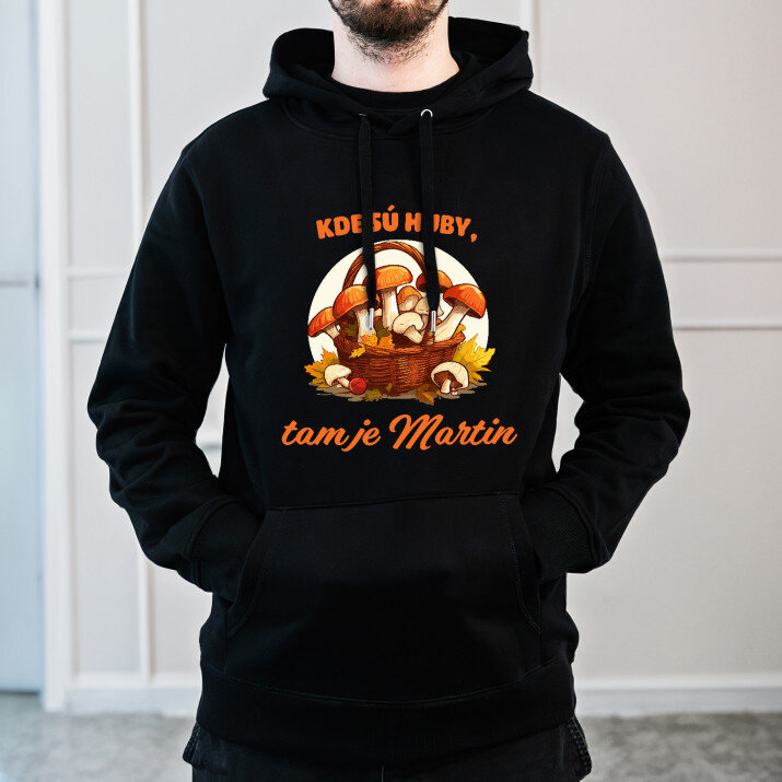 Kde sú huby - Čierna pánska mikina s kapucňou