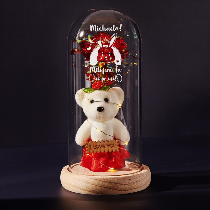 Milujem ťa až po uši - večná ruža s medvedíkom