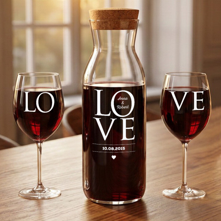 Love - Sada gravírovanej karafy a dvoch pohárov na víno