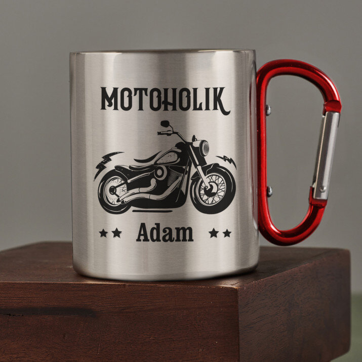 Motoholik - kovový hrnček s karabínkou