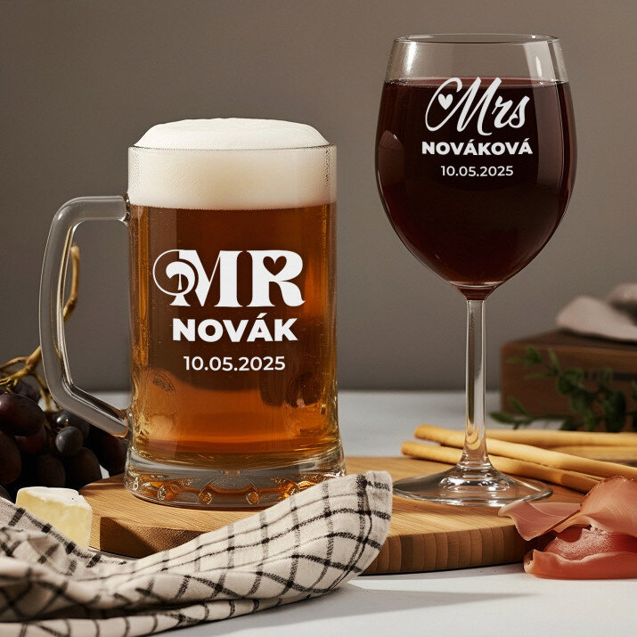 Mr&Mrs - Súprava s pivný krígeľ a pohárom na víno