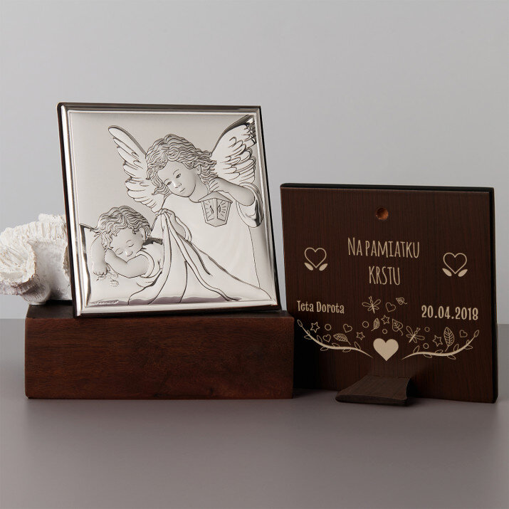 Na pamiatku krstu - Anjel s lampášom - Strieborný obraz s gravírovaním