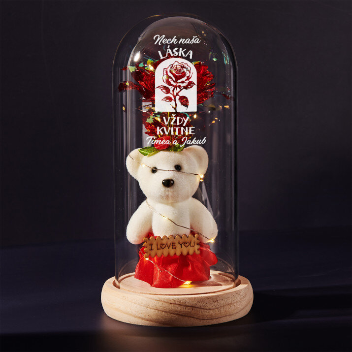Nech naša láska - večná ruža s medvedíkom