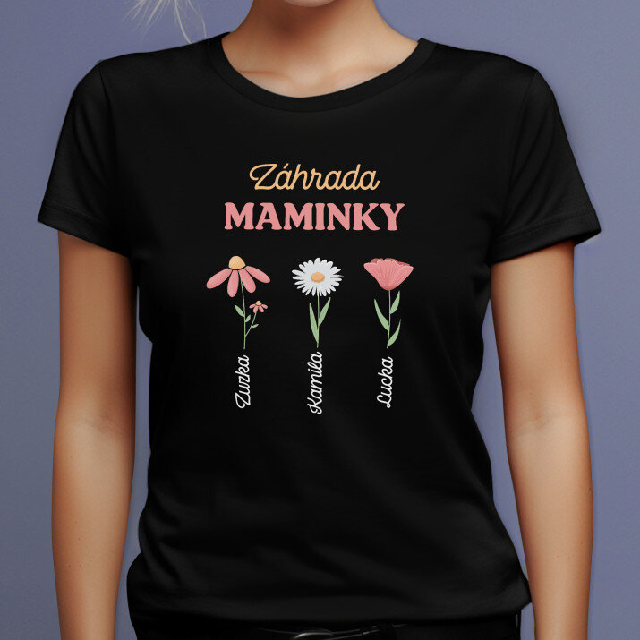 Záhrada maminky 3 kvety - Čierne dámske tričko
