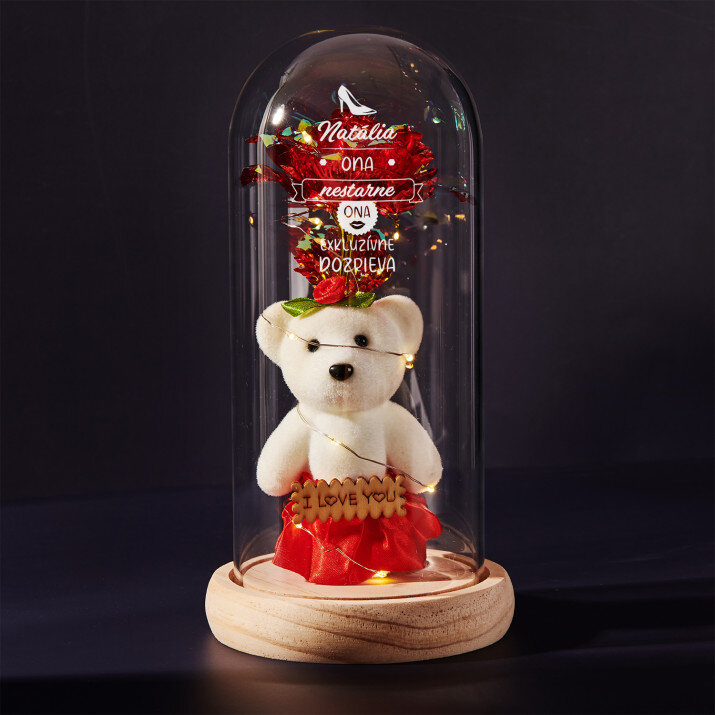 Ona nestarne - večná ruža s medvedíkom