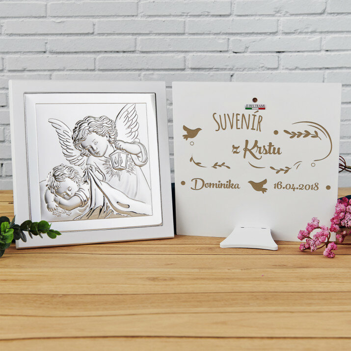 Suvenír z krstu - Anjel s lampášom - Strieborný obraz s gravírovaním