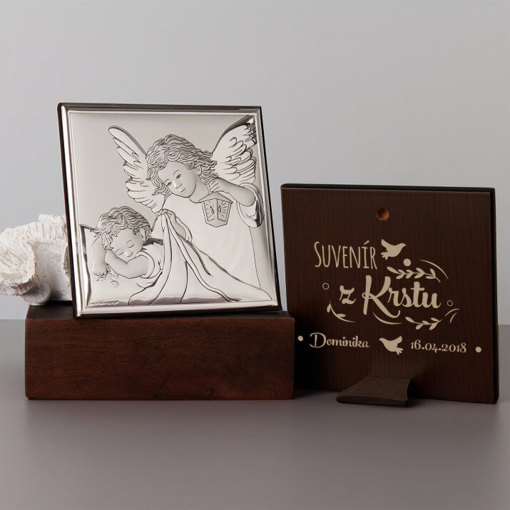 Suvenír z krstu - Anjel s lampášom - Strieborný obraz s gravírovaním