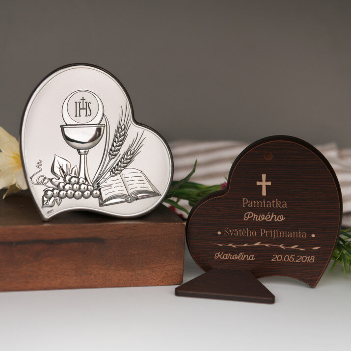 Pamiatka Prvého Svätého Prijímania - Srdce - Strieborný obraz s gravírovaním