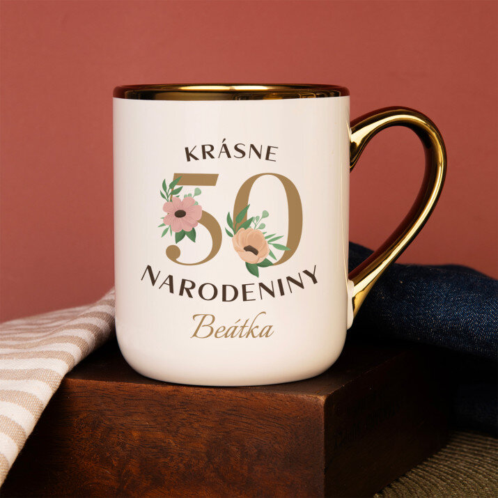 Krásne 50. narodeniny kvety - Keramický hrnček s farebným okrajom