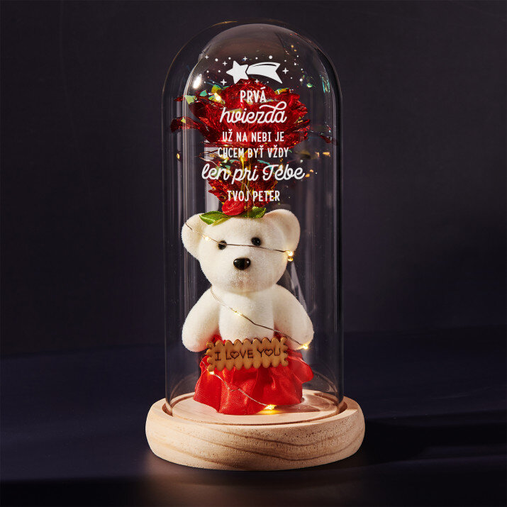 Prvá hviezda už na nebi - večná ruža s medvedíkom