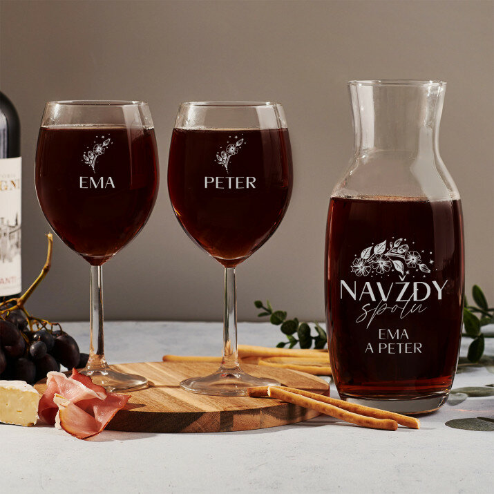 Navždy spolu - Sada gravírovanej karafy a dvoch pohárov na víno