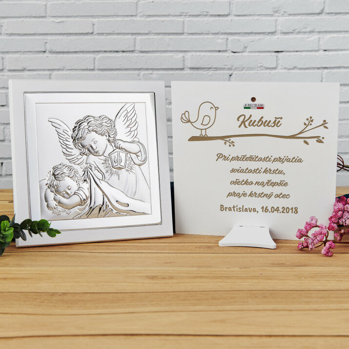 Sviatosť krstu - Anjel s lampášom - Strieborný obraz s gravírovaním