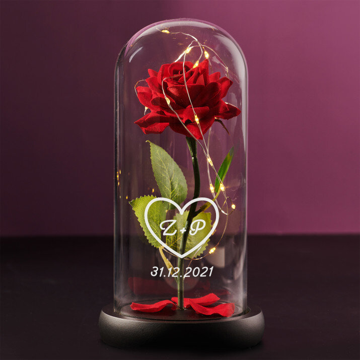 srdce + dátum - Večná ruža v skle