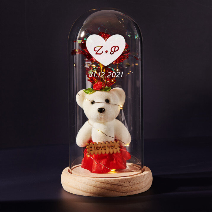 Srdce + dátum - večná ruža s medvedíkom