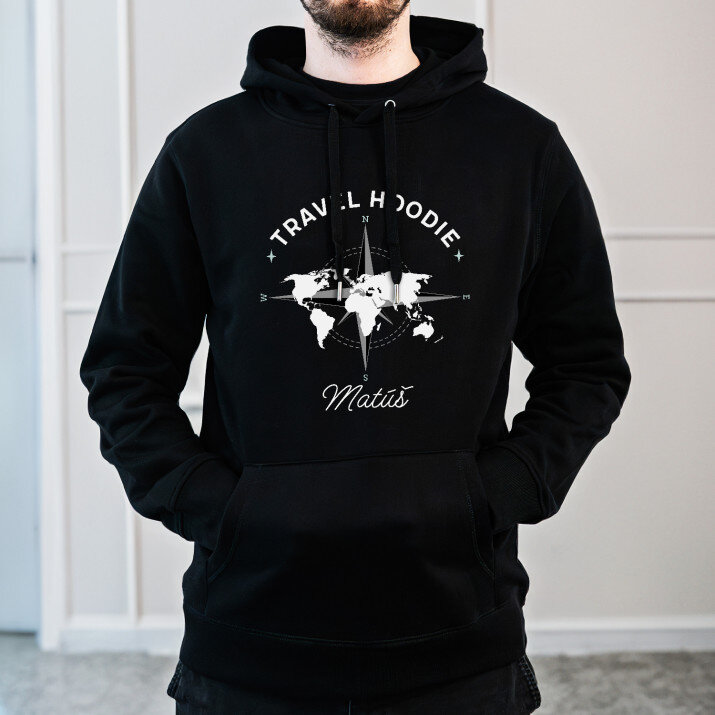 Travel hoodie - Čierna pánska mikina s kapucňou