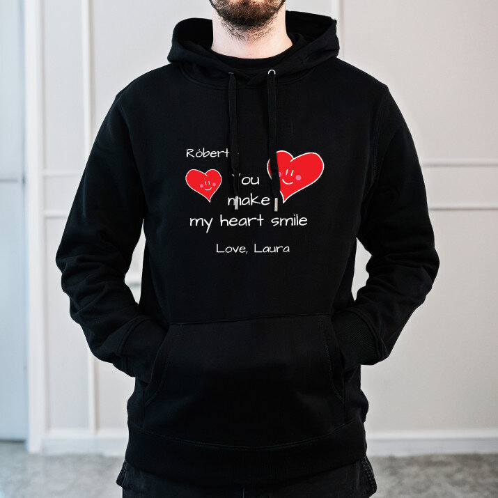 You make my heart smile - Čierna pánska mikina s kapucňou