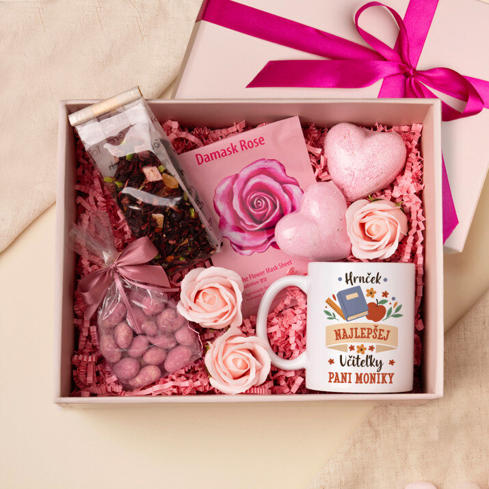 Darčeková sada pre učiteľku s hrnčekom a ružovým kúpeľom