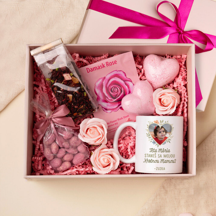 Darčeková sada prosba o bytie krstnou s fotkou s hrnčekom a ružovým kúpeľom